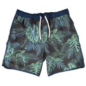 Fair Harbor Mens Tropical Palm Print Swim Trunks Green Blue Size L 7in Inseam